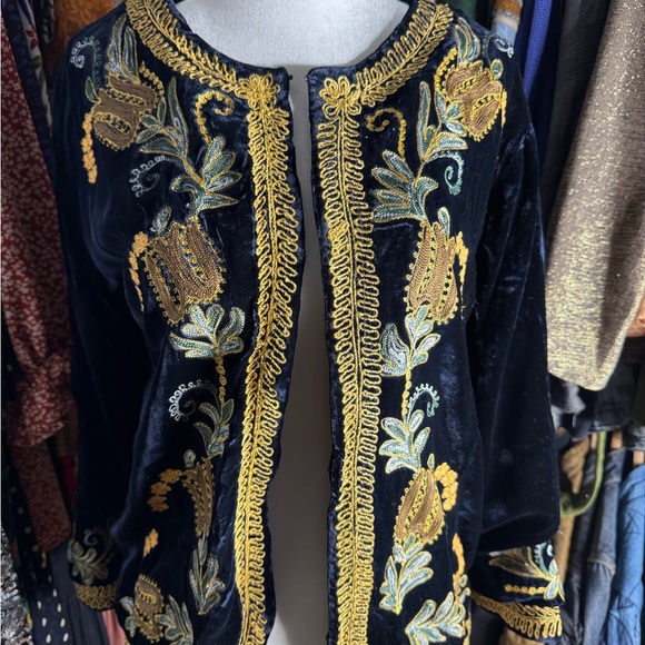 Chasing Unicorns Navy Velvet Jacket with Gold Embroidery - Picture 2 of 8